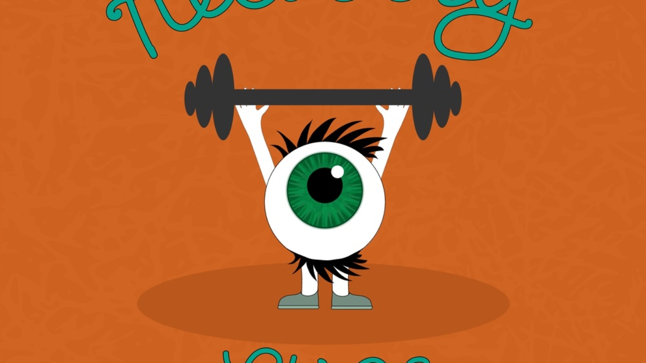 A caricature of an eye lifting a barbell with Healthy Eyes in Script on background.
