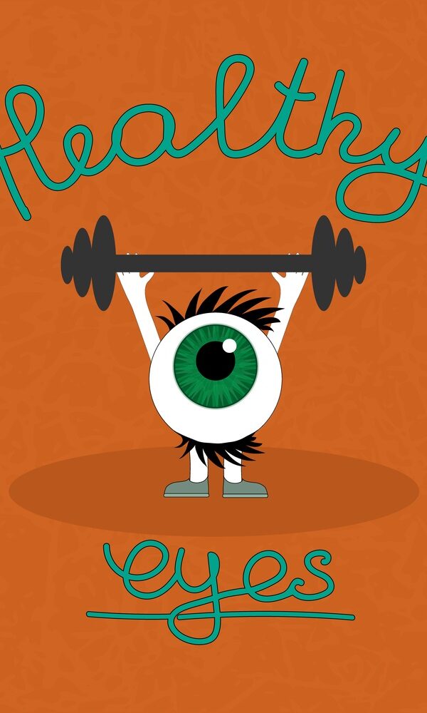 A caricature of an eye lifting a barbell with Healthy Eyes in Script on background.