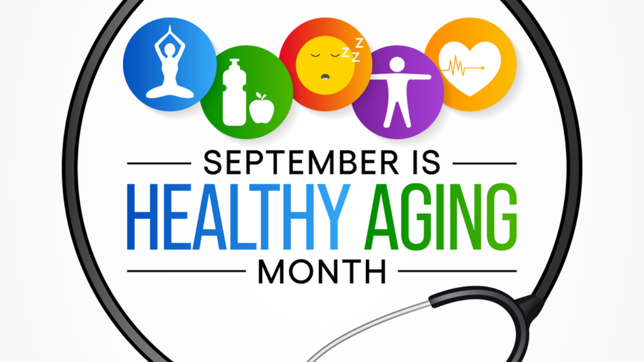 Healthy Aging. Rond graphic with healthy icons above text healthy aging