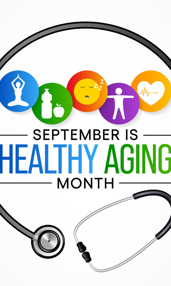 Healthy Aging. Rond graphic with healthy icons above text healthy aging