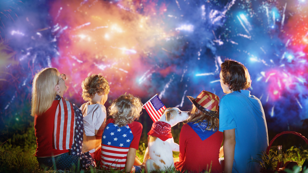 Fireworks safety - American family celebrating Independence Day. Picnic and fireworks on 4th of July - children sitting on ground watching fireworks celebration in big blue sky.