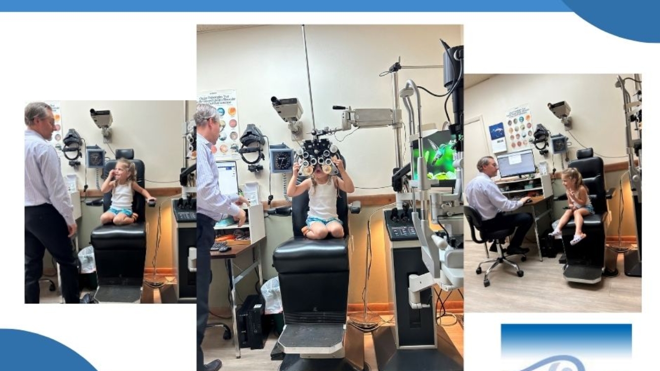 branded image with Bissell logo of young child receiving a comprehensive eye exam