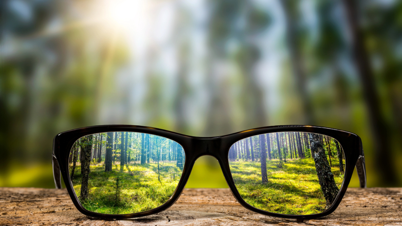 pair of mirror sunglasses in front of forest scene - with clarity in glasses Managing light sensitivity with Stargardt disease