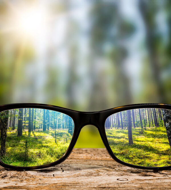 pair of mirror sunglasses in front of forest scene - with clarity in glasses Managing light sensitivity with Stargardt disease