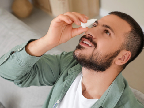 Summer dry eye - young man tilting head back applying eye drops