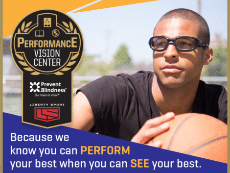 Performance Vision Center protective sports eyewear with man with glasses looking like he is involved in sports
